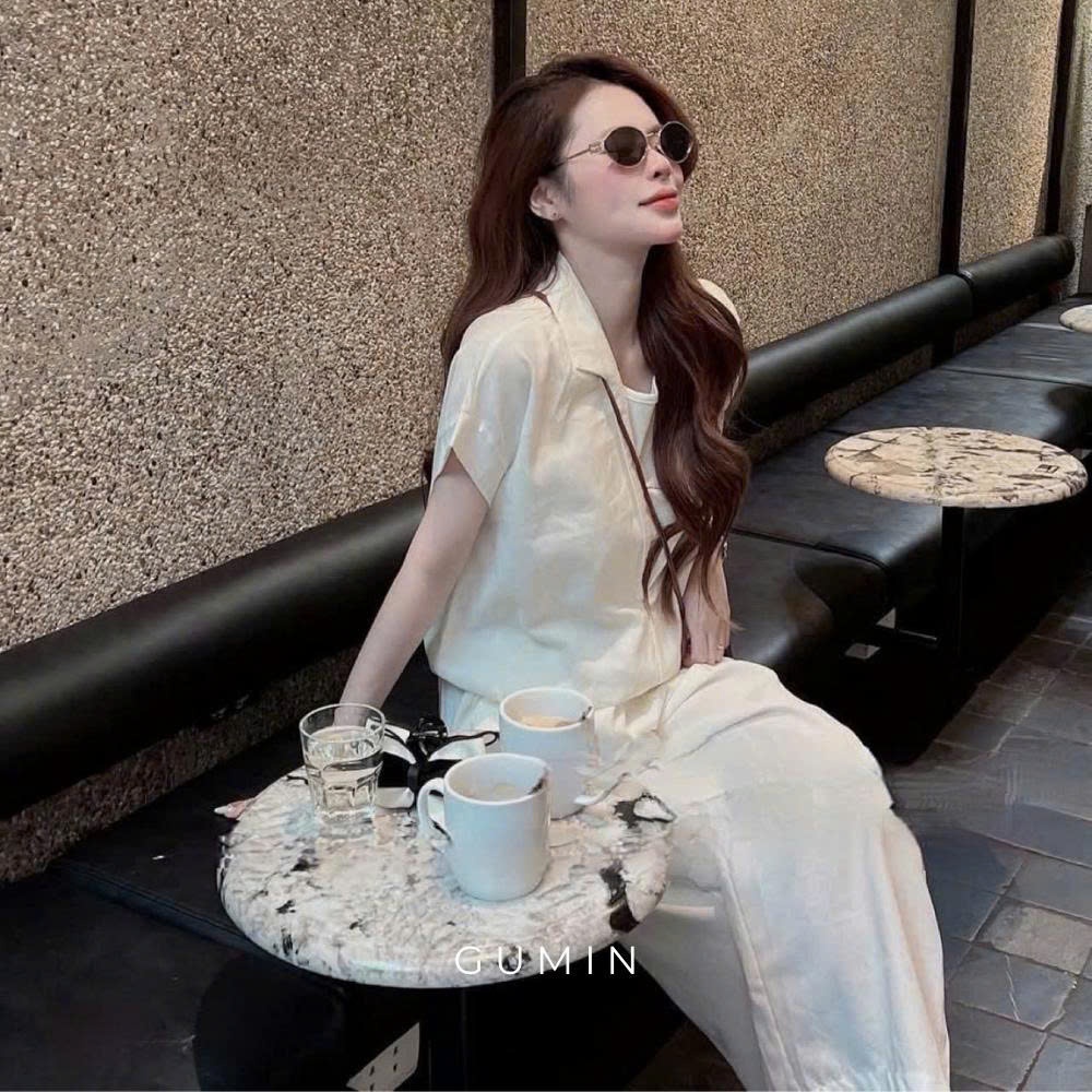 Set bộ sơ mi đũi GUMIN thiết kế áo cộc tay cổ V bẻ phối áo lót trong kèm quần suông rộng basic thanh lịch sang trọng