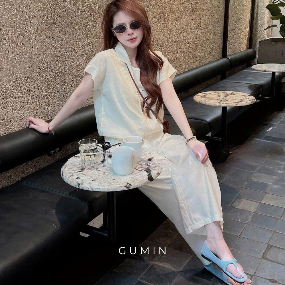 Set bộ sơ mi đũi GUMIN thiết kế áo cộc tay cổ V bẻ phối áo lót trong kèm quần suông rộng basic thanh lịch sang trọng