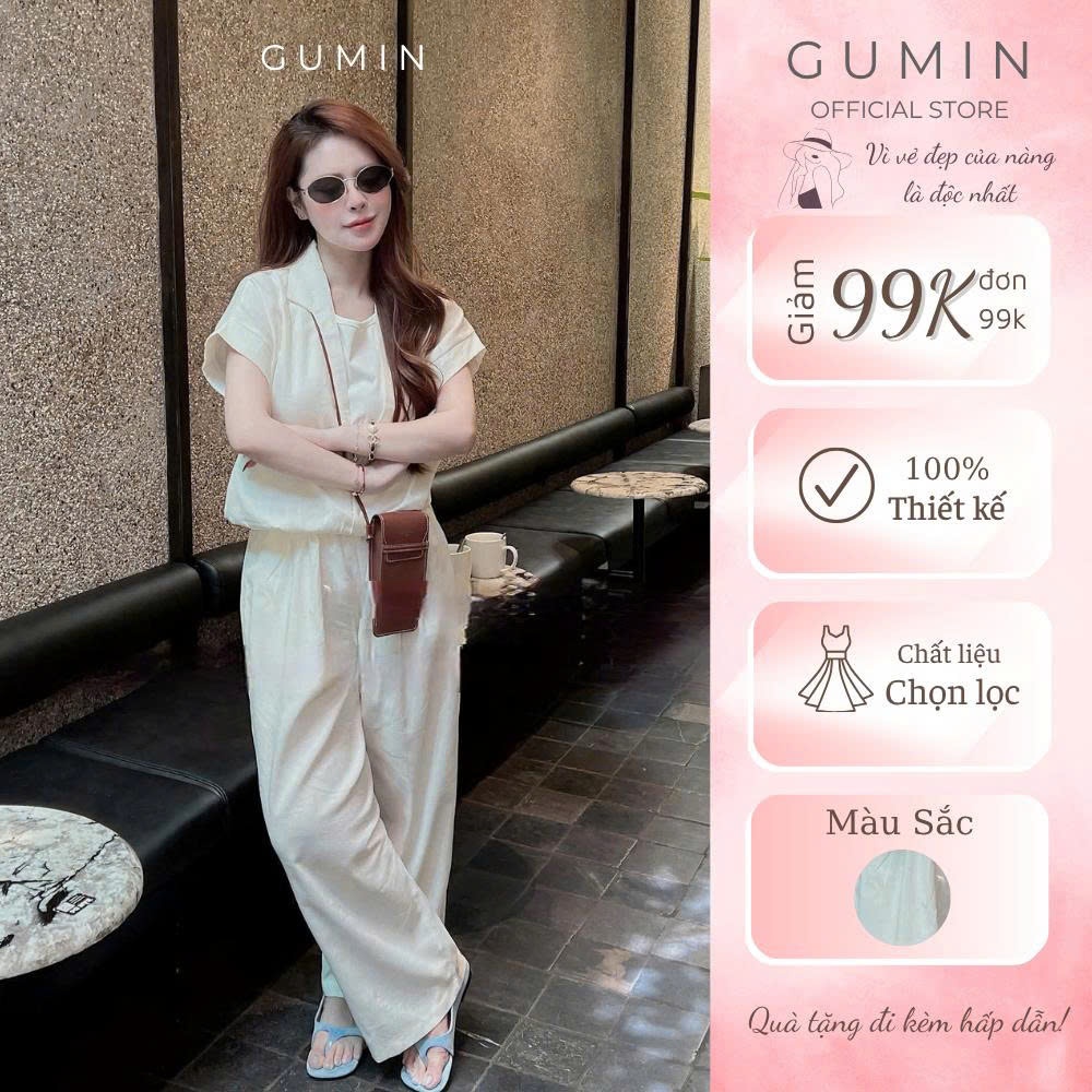 Set bộ sơ mi đũi GUMIN thiết kế áo cộc tay cổ V bẻ phối áo lót trong kèm quần suông rộng basic thanh lịch sang trọng