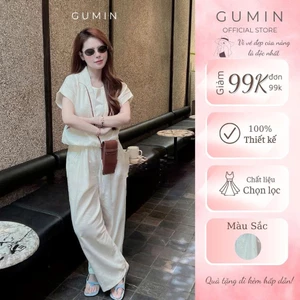 Set bộ sơ mi đũi GUMIN thiết kế áo cộc tay cổ V bẻ phối áo lót trong kèm quần suông rộng basic thanh lịch sang trọng