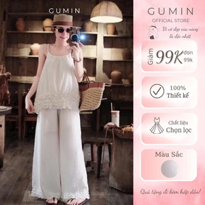 Set bộ đũi 2 dây GUMIN thiết kế áo phối viền bèo kèm quần dáng suông rộng, Set đồ nữ đi biển trẻ đẹp basic sang chảnh