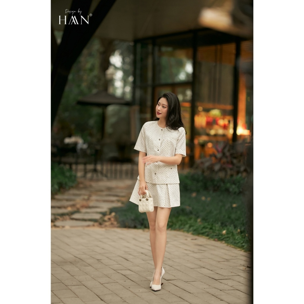 Áo Sơ Mi Nữ Màu Kem/Đỏ Mận Cổ Tròn Họa Tiết Chấm Bi Dịu Dàng HAAN DESIGN SM2611