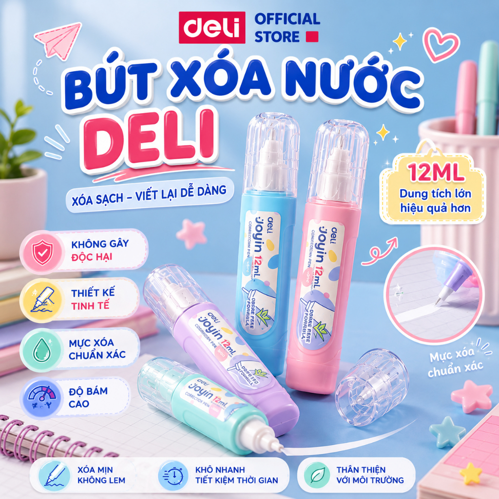 Bút xoá nước 12ml Deli - Hồng, xanh, vàng - 1 cái - Thiết kế dạng rút nắp, hỏ gọn, phù hợp với học sinh, dân văn phòng