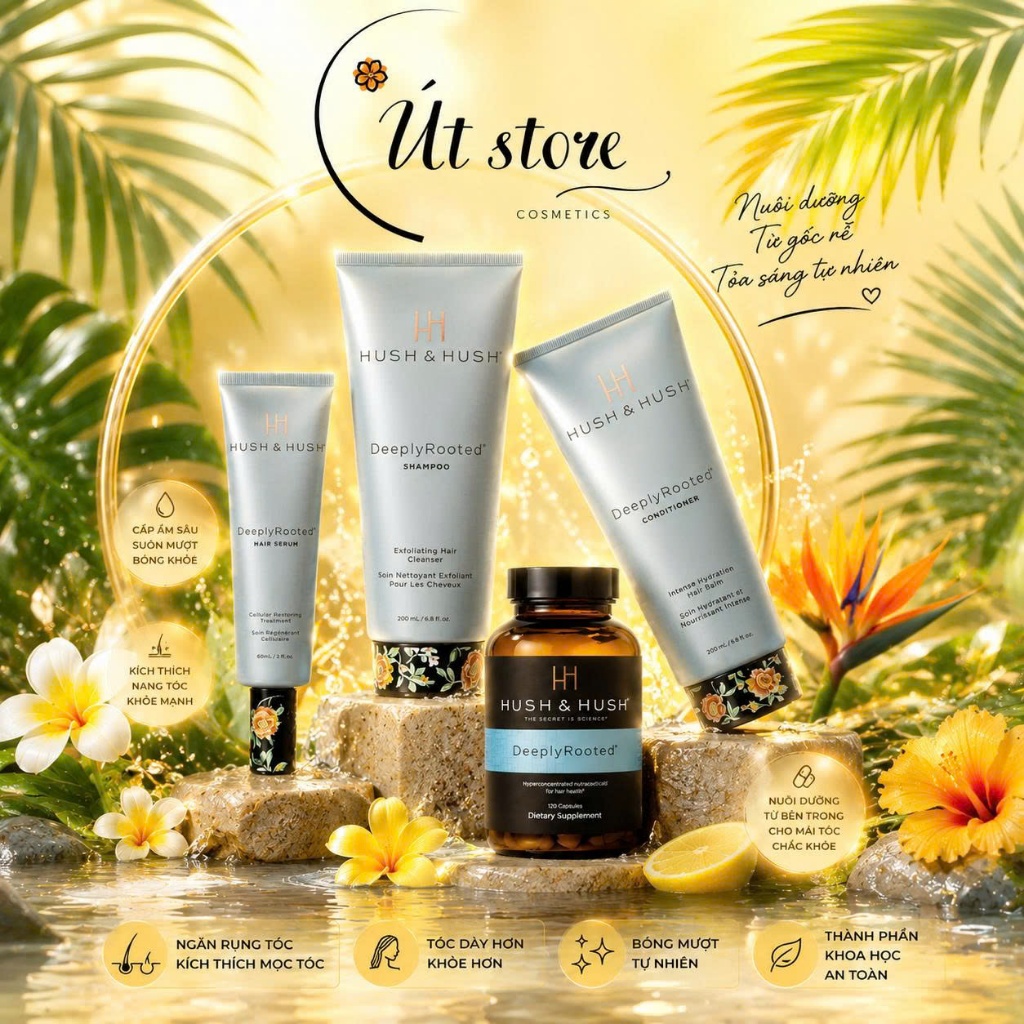 Bộ Dầu Gội Xả Deeply Rooted Hush & Hush Chính Hãng Viên Uống Dưỡng Tóc, Tinh Chất Kích Thích Mọc Tóc