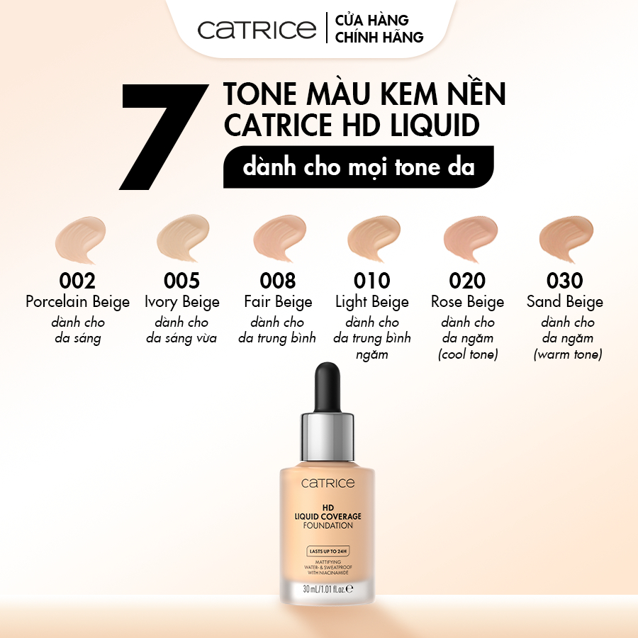 Kem nền Catrice HD Liquid Coverage Foundation kiềm dầu, che phủ tự nhiên tạo độ mịn màng cho da 30ml