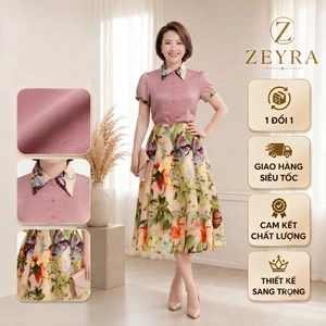 Đầm Công Sở Nữ Cổ Sơ Mi Tay Ngắn, Váy Nữ Giả Set Đồ Họa Tiết Hoa ZEYRA, Thanh Lịch