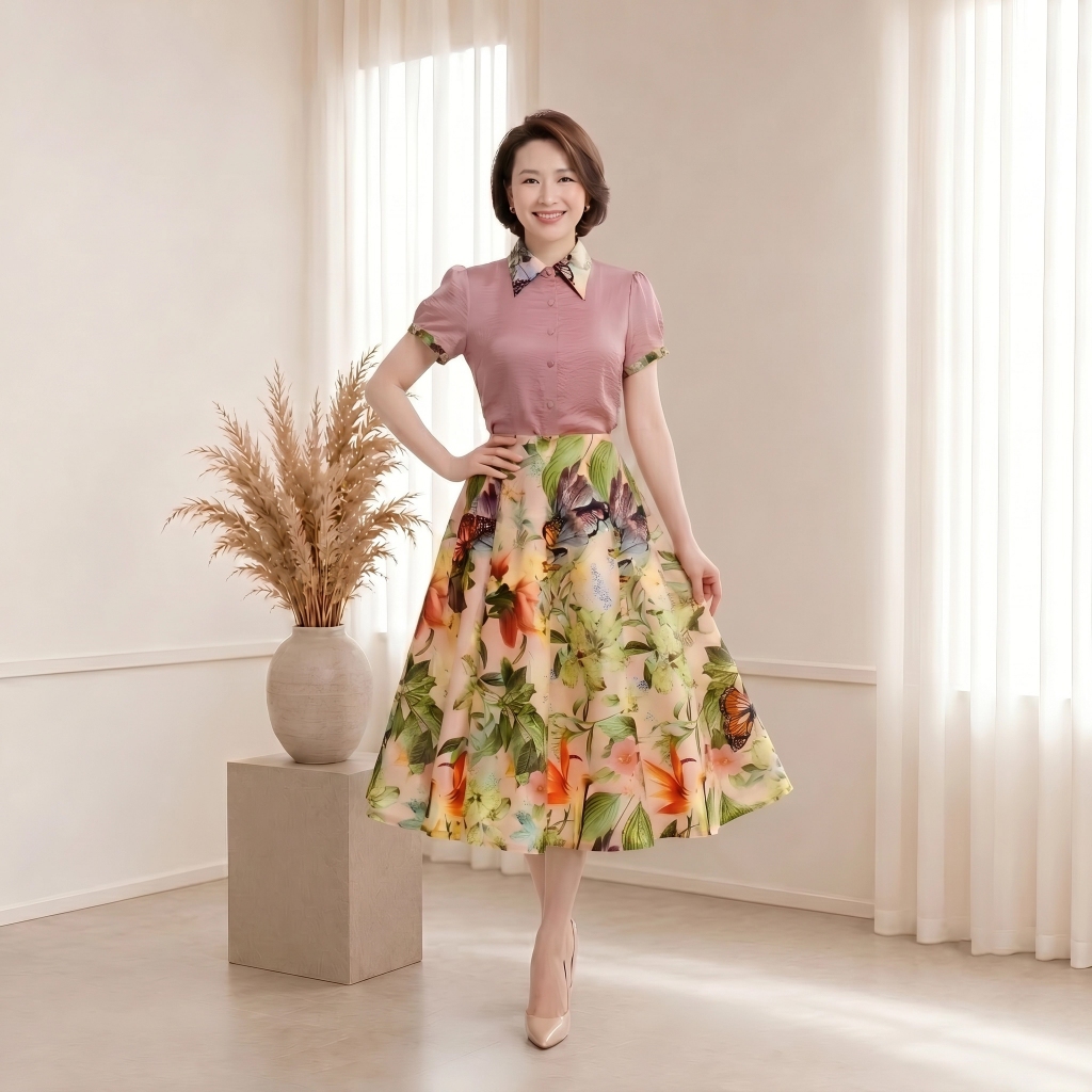 Đầm Công Sở Nữ Cổ Sơ Mi Tay Ngắn, Váy Nữ Giả Set Đồ Họa Tiết Hoa ZEYRA, Thanh Lịch