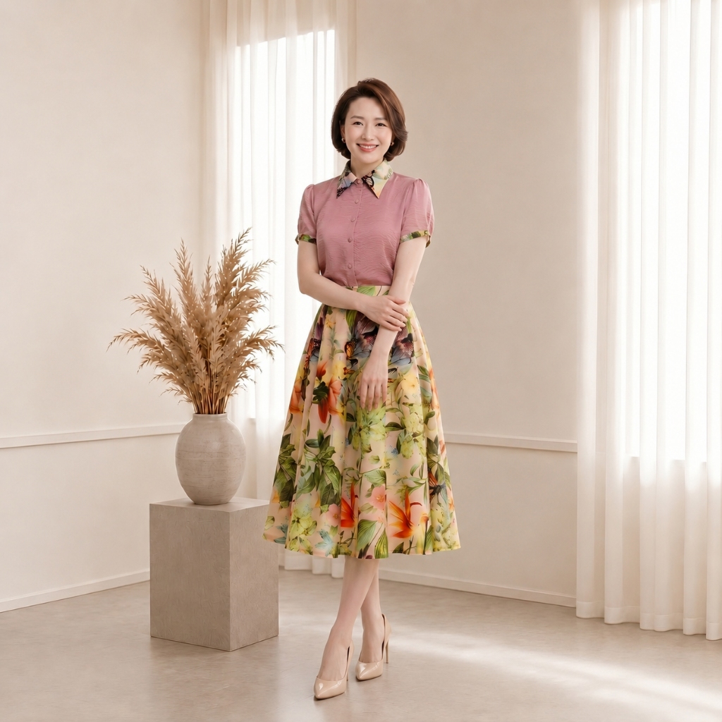 Đầm Công Sở Nữ Cổ Sơ Mi Tay Ngắn, Váy Nữ Giả Set Đồ Họa Tiết Hoa ZEYRA, Thanh Lịch