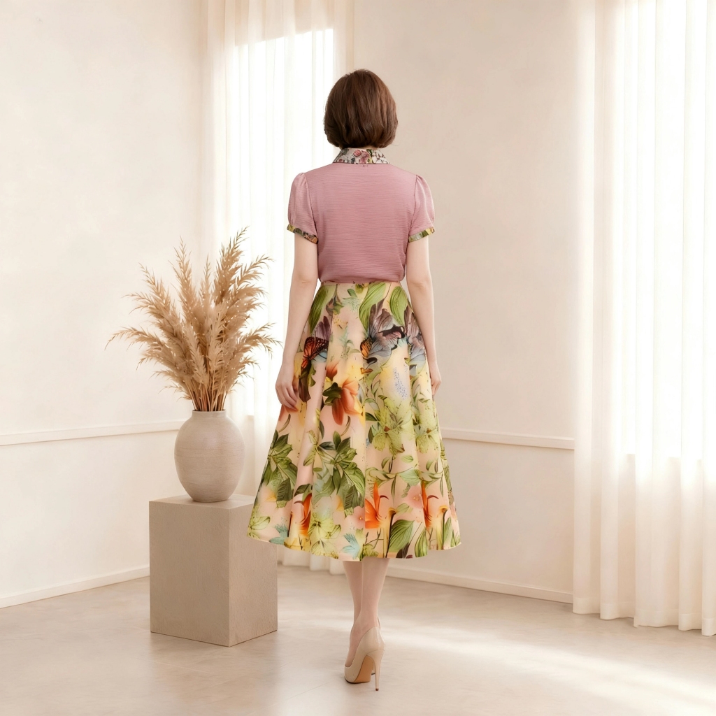 Đầm Công Sở Nữ Cổ Sơ Mi Tay Ngắn, Váy Nữ Giả Set Đồ Họa Tiết Hoa ZEYRA, Thanh Lịch