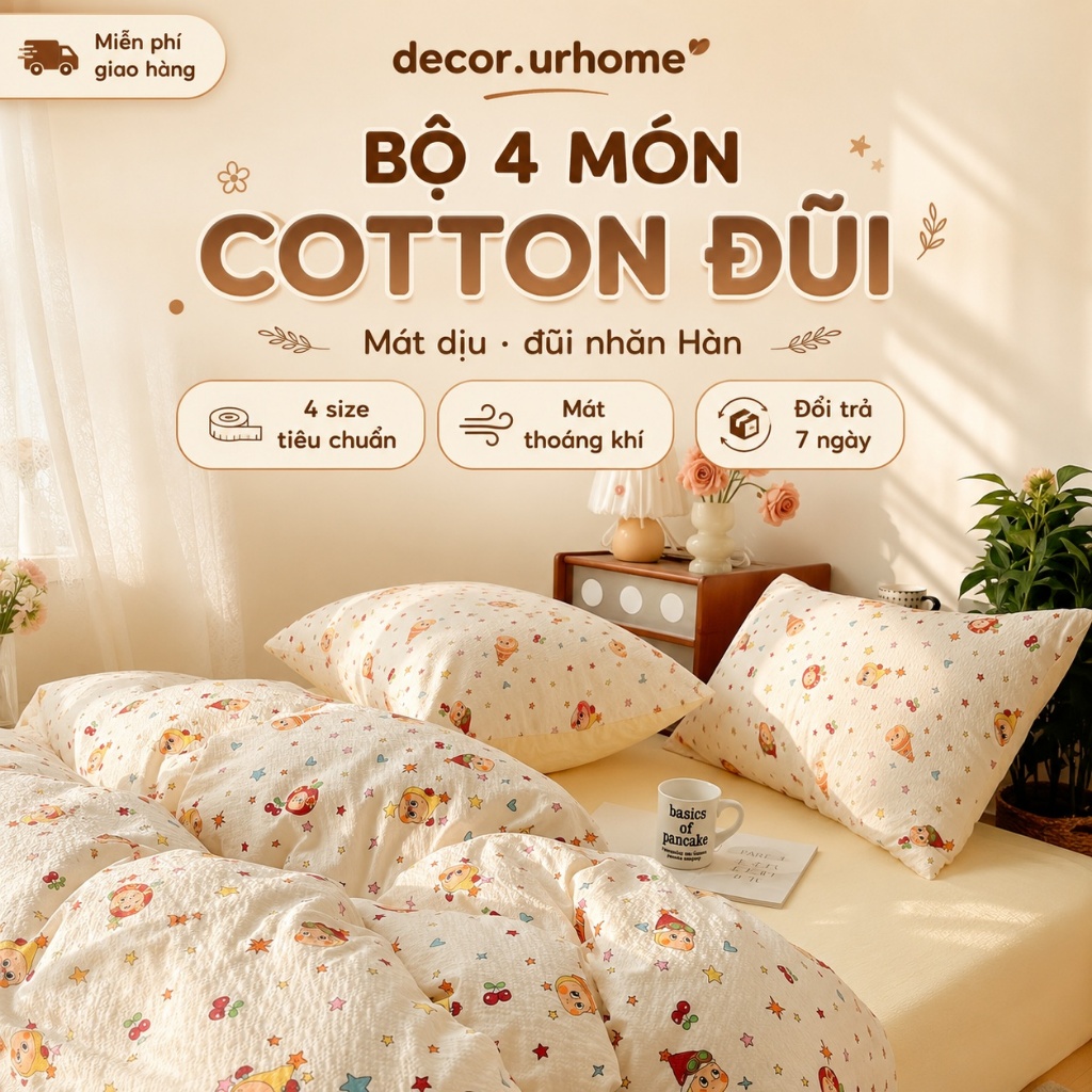 Cotton Đũi Bộ 4 Món Cotton Đũi Xốp Mát Lành Tươi Sáng Thấm Hút Mồ Hôi
