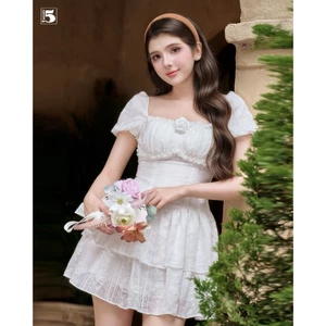 Đầm nữ Twentyfive chiết eo, vạt xòe 2 lớp vải cotton thêu phong cách tiểu thư DH170