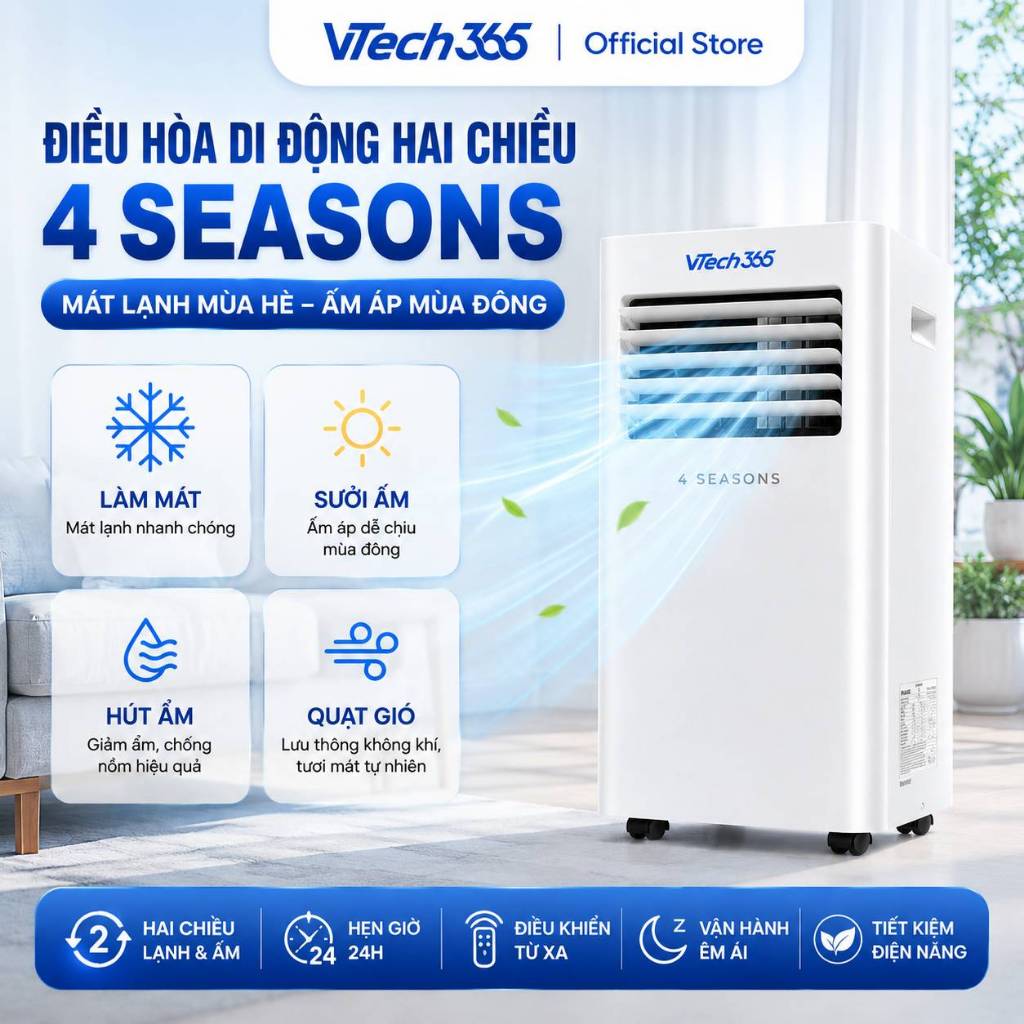 [VOUCHER 300K] Điều Hoà Di Động 2 chiều 4 mùa Làm Lạnh, Sưởi ấm, Hút ẩm, Điều khiển wifi Smart Life VTECH365 9000BTU
