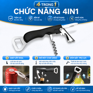 Dụng Cụ Mở Rượu Vang 4 Trong 1 Đa Năng, Khui Bia Inox, Dao Cắt Seal Mở Nút Chai