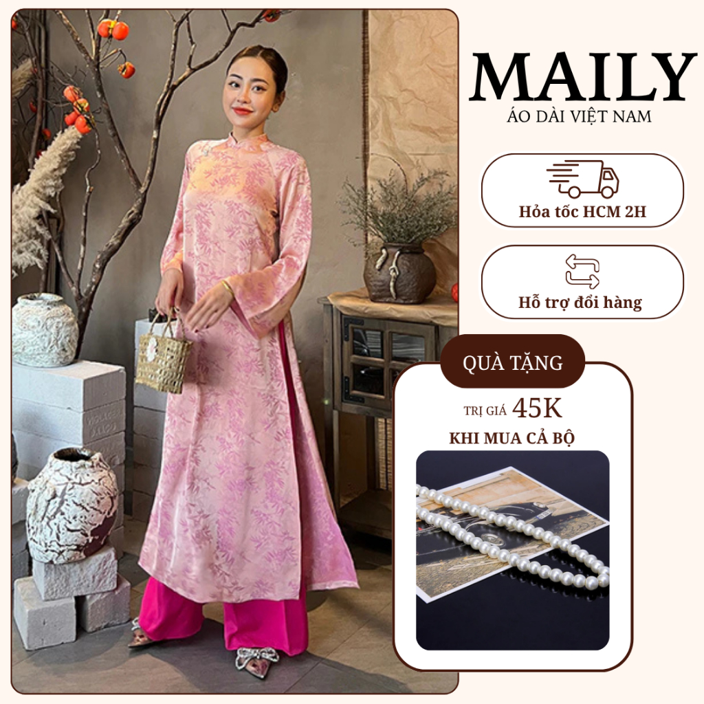 Áo Dài Giai Ý Dáng Cách Tân Hiện Đại, Chất Gấm Sang Trọng Cổ Cao Tay Dài Loe Có Bigsize - ÁO DÀI MAILY