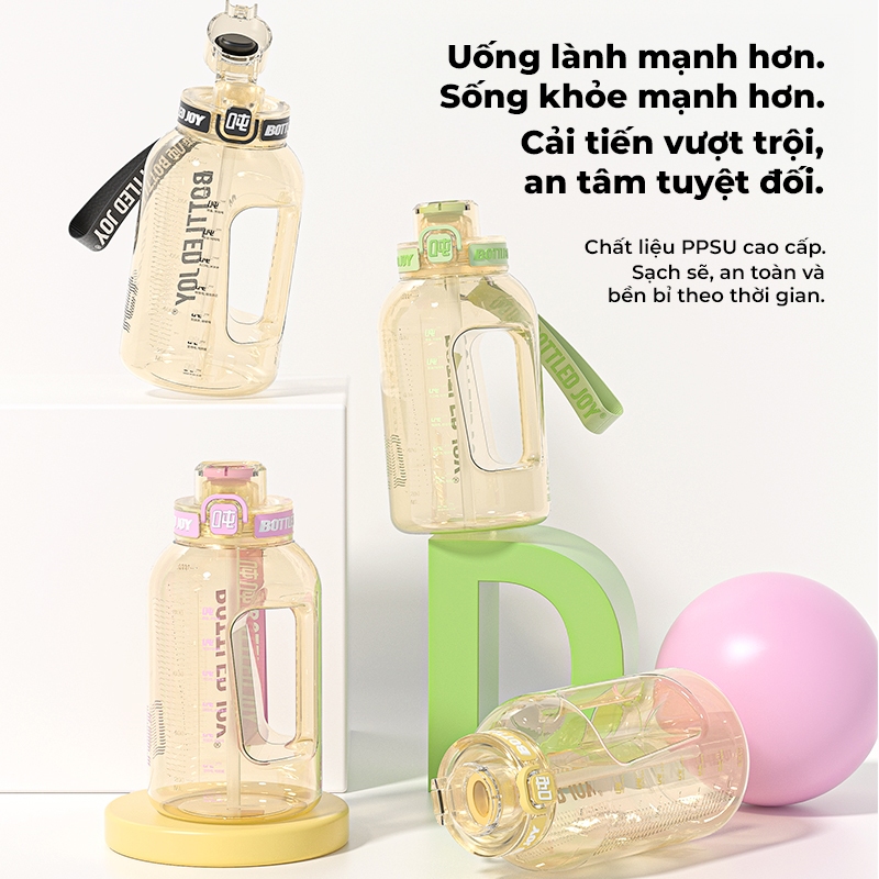 BOTTLEDJOY Bình nước dung tích lớn PPSU an toàn cho sức khỏe, không chứa BPA, chịu nhiệt lên đến 180°C, phù hợp cho hoạt