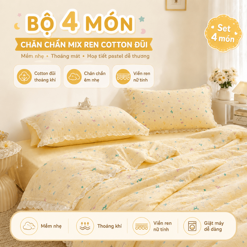 Cotton Đũi Bộ 4 Món Chăn Chần Bông Mix Ren Cotton Đũi Thoáng Mát Có Sẵn Ruột Chăn