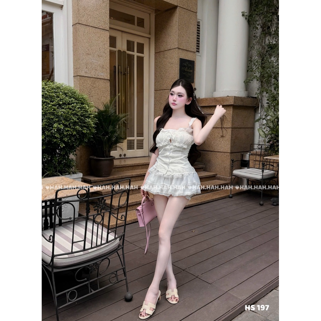 Set váy thô ren hoa phối bèo dạo phố xinh xỉu