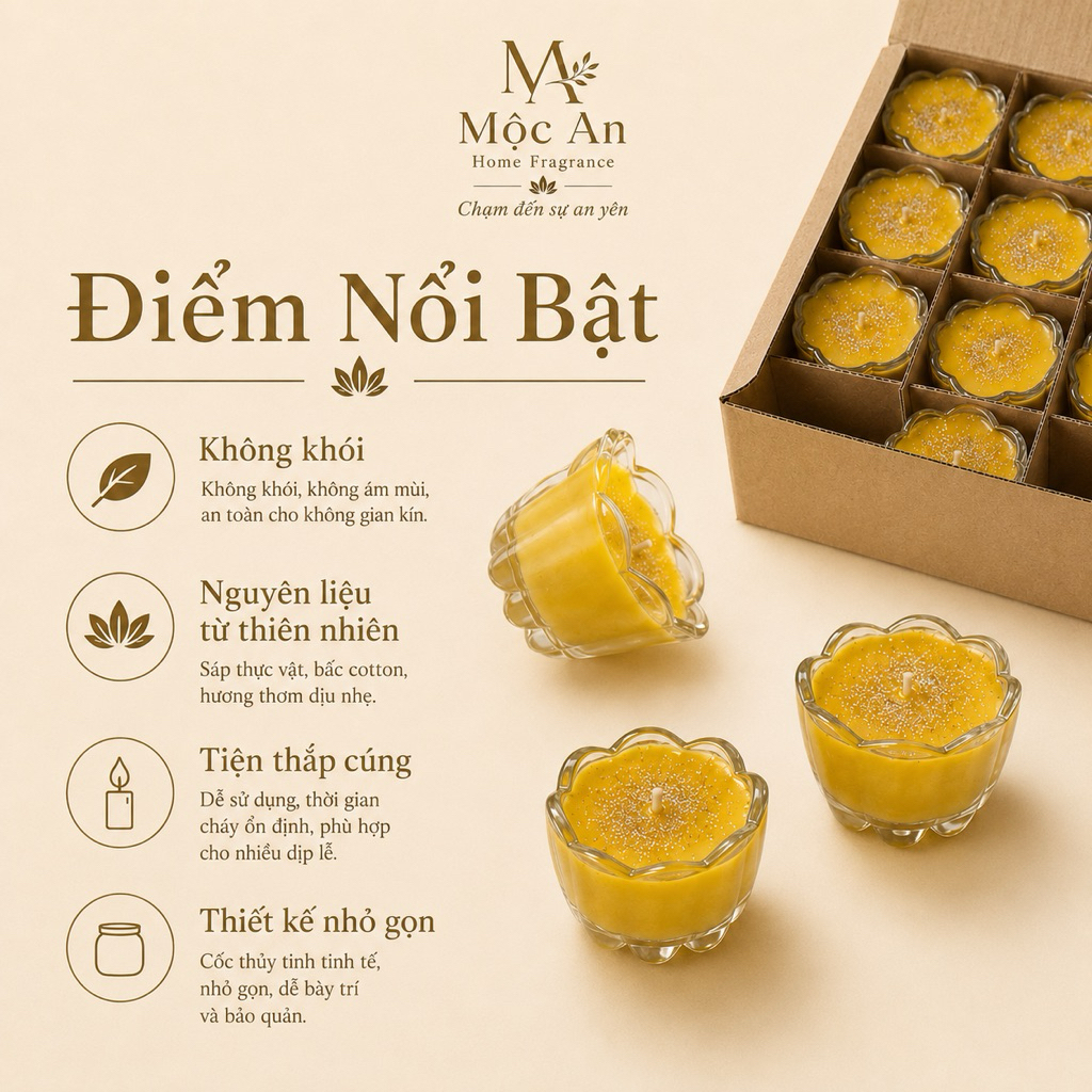 Nến bơ hoa mai  Mộc An | Nến ly thủy tinh hoa nhỏ, nến cúng, nến trưng bày