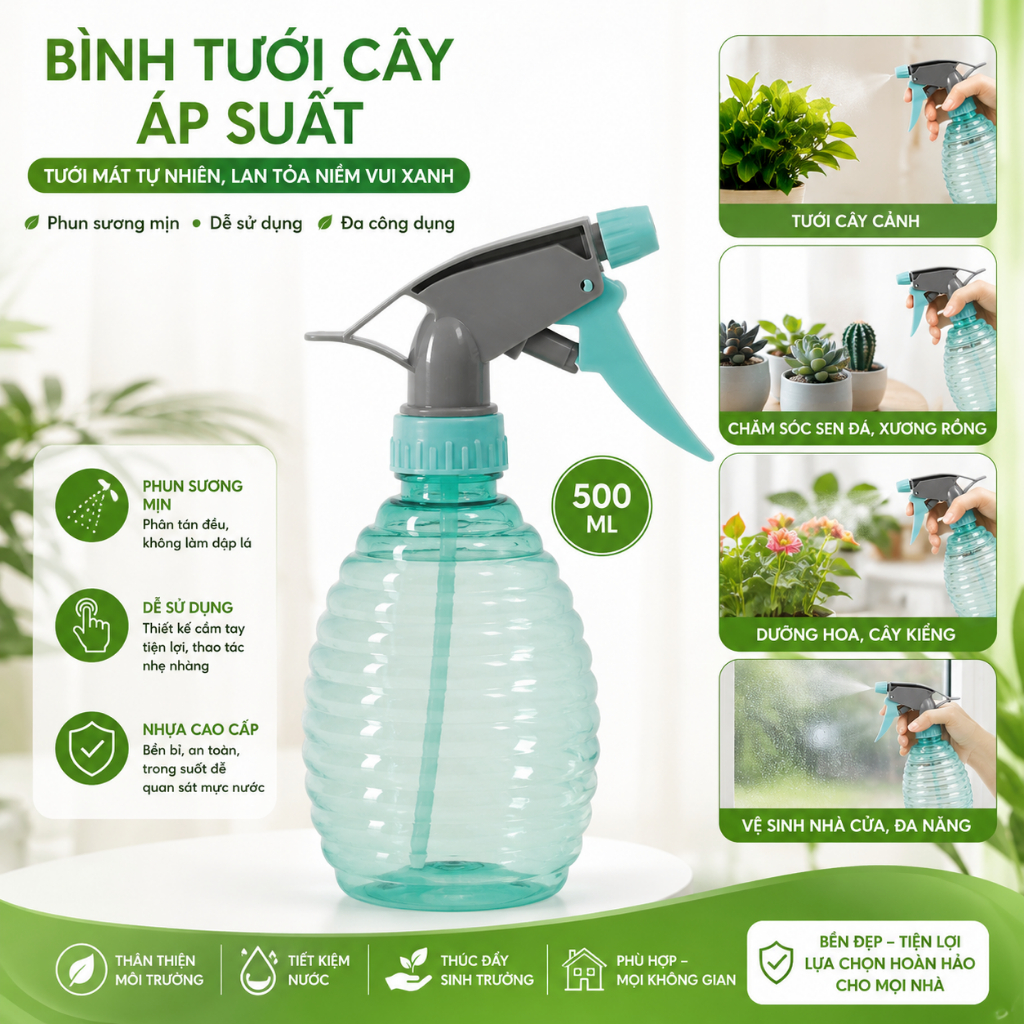 BÌNH TƯỚI CÂY ÁP SUẤT  – TƯỚI MÁT TỰ NHIÊN, LAN TỎA NIỀM VUI XANH 500 ML 71114