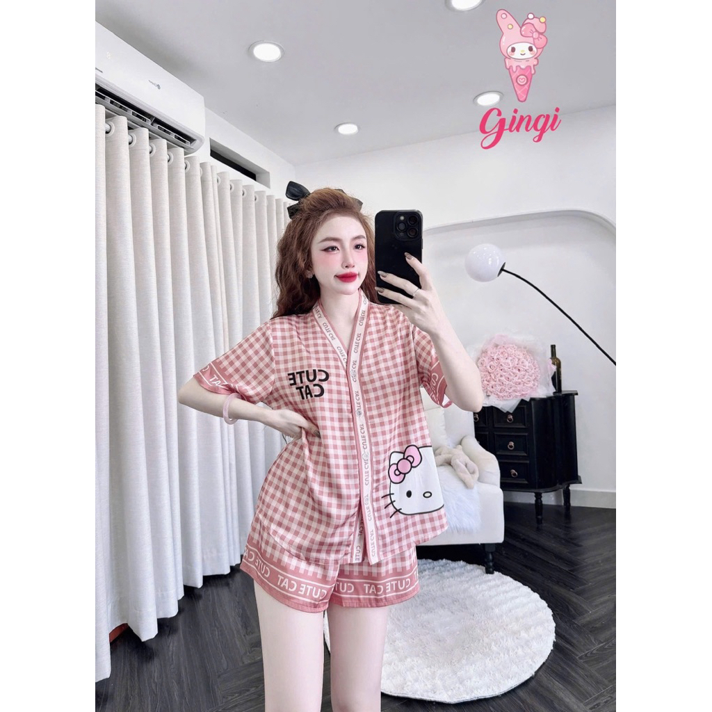 [ Size40-60kg Đồ Ngắn260824 ]Đồ nữ mặc nhà áo tay tiên quần ngắn hoạ tiết dễ thương chất lụa latin