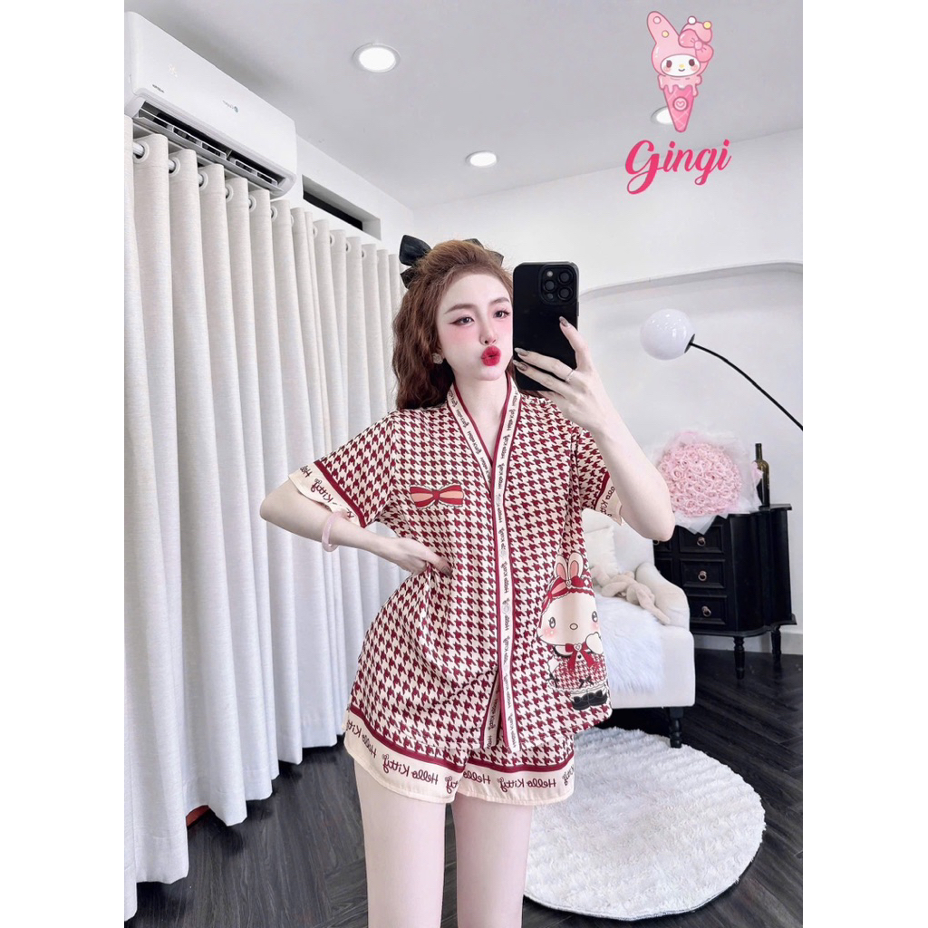 [ Size40-60kg Đồ Ngắn260824 ]Đồ nữ mặc nhà áo tay tiên quần ngắn hoạ tiết dễ thương chất lụa latin