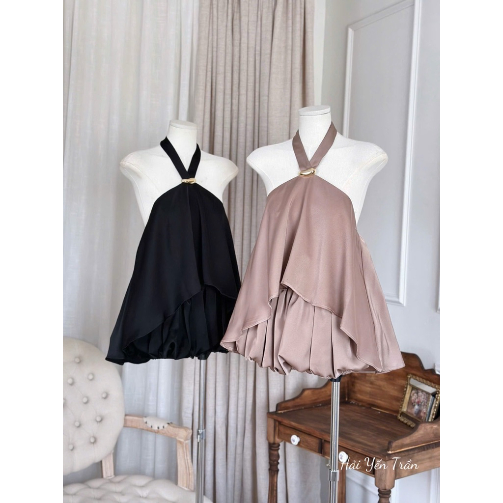 Set áo lụa cổ yếm mix chân váy bồng xinh lắm