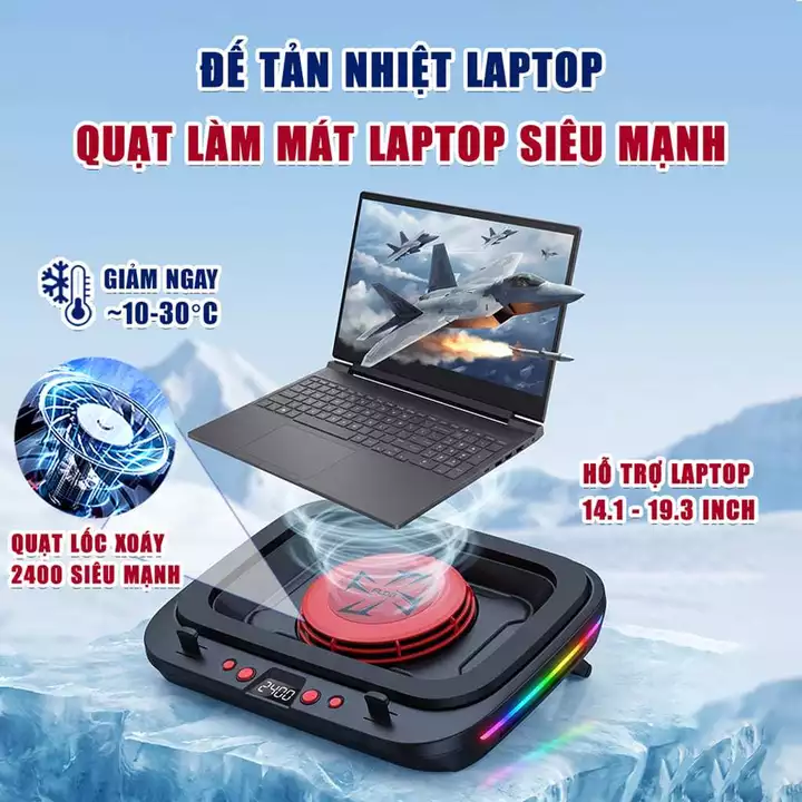 Đế tản nhiệt laptop Cooler Xpress FL08 V2 (Model 2026) tản khí nén turbo 2400RPM quạt tản nhiệt laptop giảm nhiệt nhanh