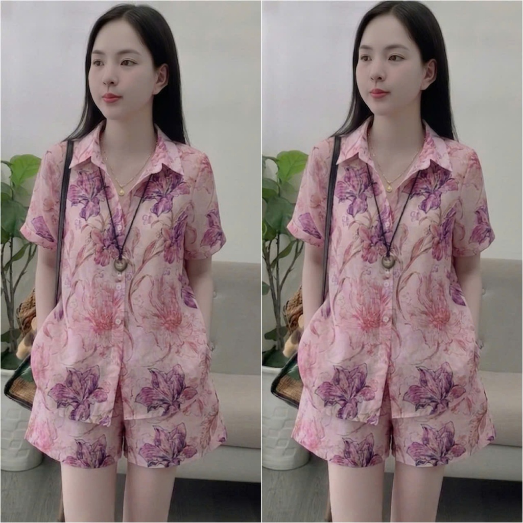 HT42. Sét bộ sơ mi hoa chất tơ hàng đẹp. Sét đi biển đủ size 40-70kg vừa. Chất liệu tơ mềm nhẹ mát hạn chế nhăn