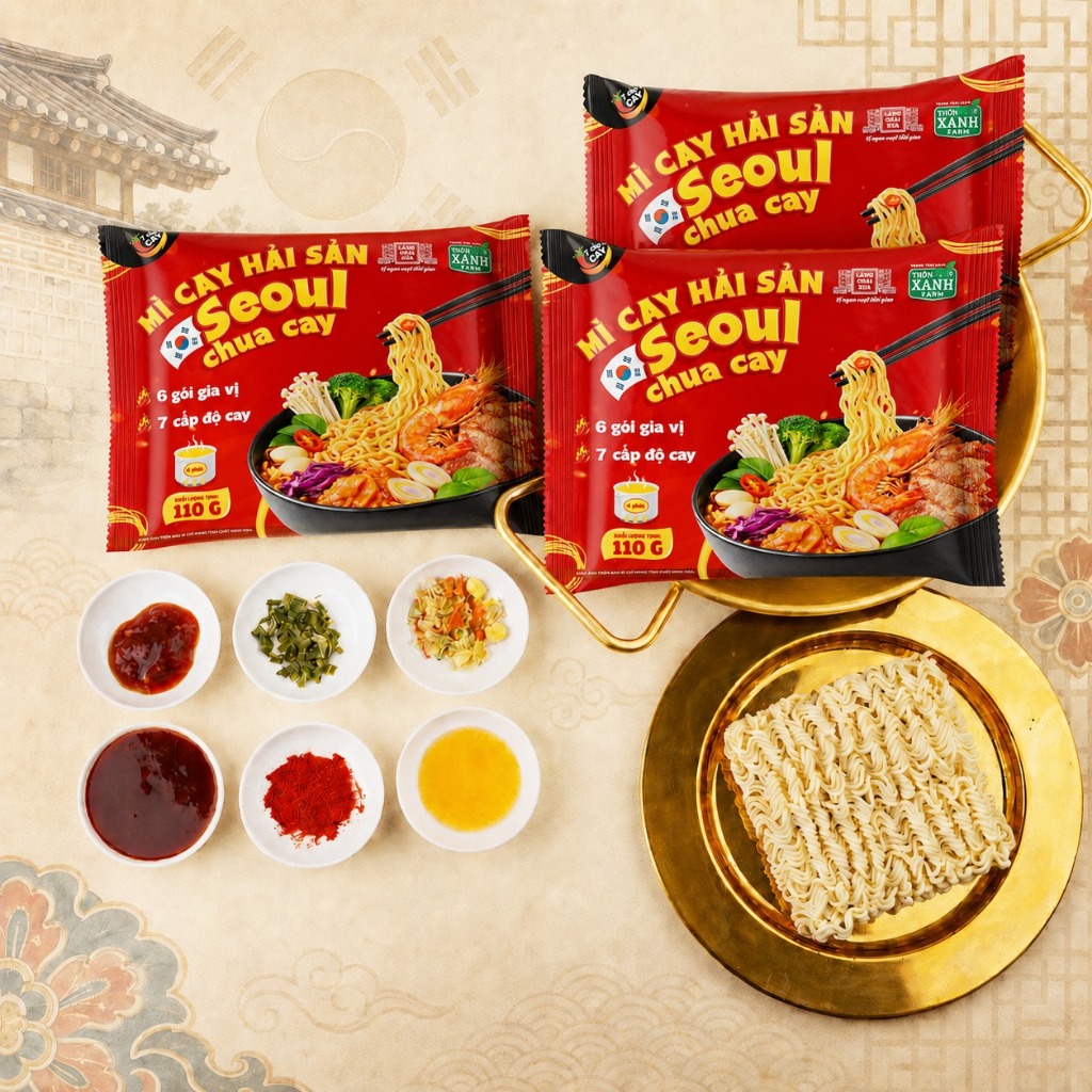 Hộp 5 Tặng 1 - Mì Cay Seoul 7 Cấp Độ 6 Gói Gia Vị Hải Sản Chua Cay Trang Trại Sạch Thôn Xanh Farm