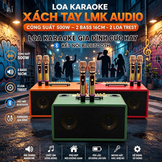 Loa Karaoke Xách Tay LMK Audio Công Suất 500W, 2 Bass 16cm + 2 Loa Trung, Có Echo Và Reverb, Kèm 2 Micro Không Dây UHF