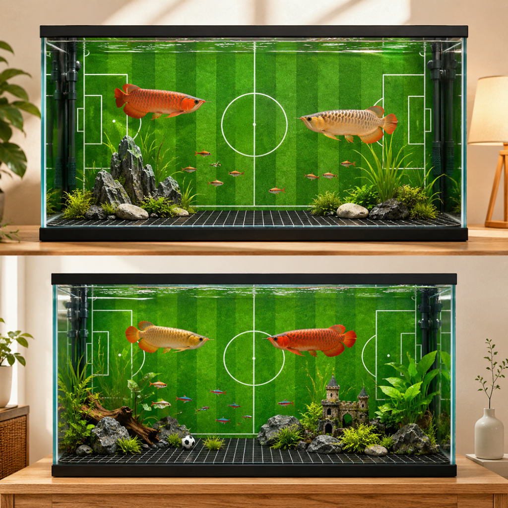 Decal tranh dán hồ cá 3D Sân Cỏ chống nước, In KTS dán dễ, gỡ dễ, có keo sẵn, nhiều kích cỡ