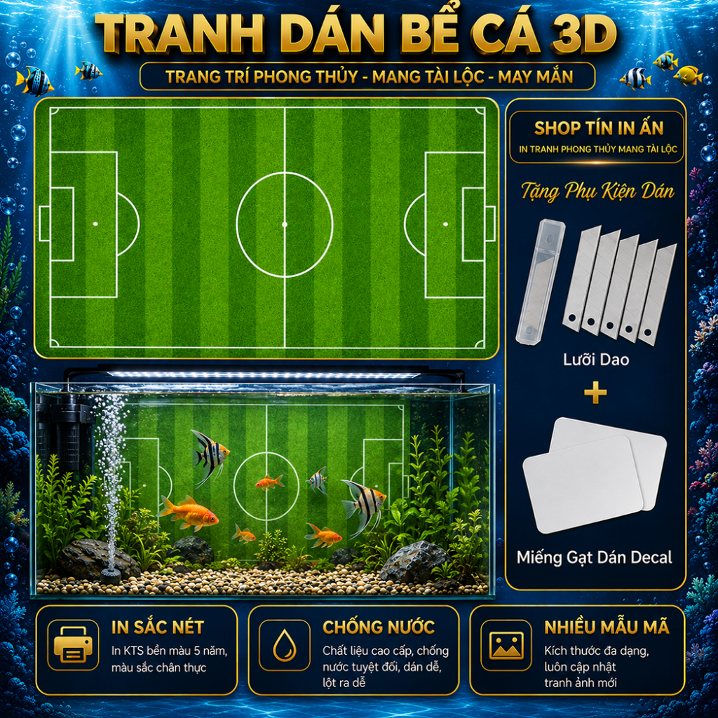 Decal tranh dán hồ cá 3D Sân Cỏ chống nước, In KTS dán dễ, gỡ dễ, có keo sẵn, nhiều kích cỡ