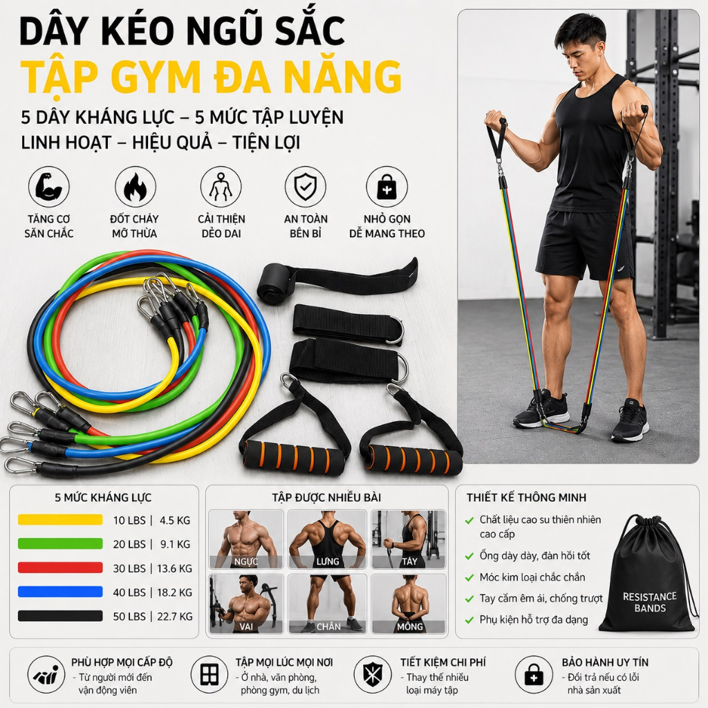 Dây kéo ngũ sắc tập thể lực, tập thể hình, tập Gym, Yoga (Multi Function Resistant Band)