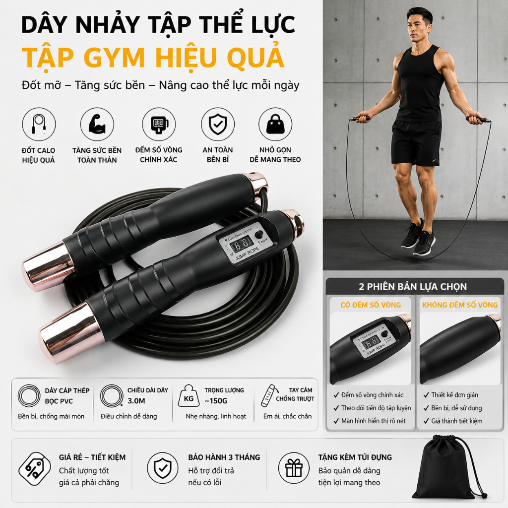 Dây nhảy tập thể lực, tập gym có đếm số vòng hoặc không đếm số vòng giá rẻ