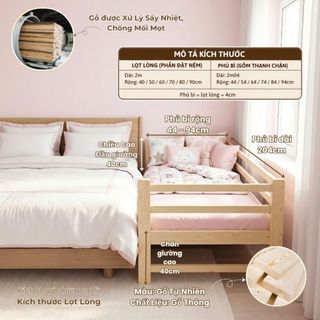 Giường Ngủ Em Bé 2m Có Rào Chắn, Gỗ Thông 100%, An Toàn cho bé, Chống Té Ngã Bền Đẹp