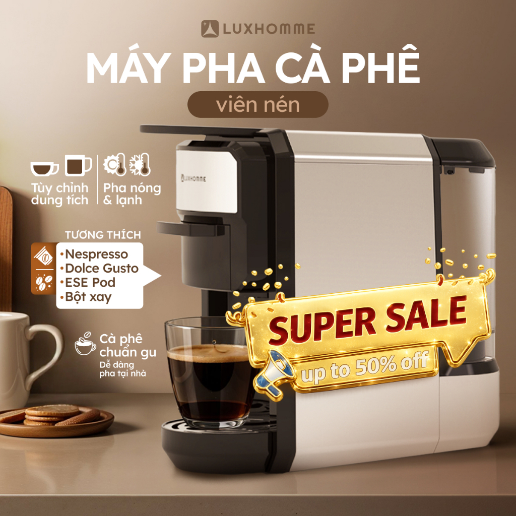 Máy Pha Cà Phê Đa Năng LUXHOMME | Dùng Viên Nén Nespresso/Dolce Gusto/Bột | Espresso Nóng-Lạnh