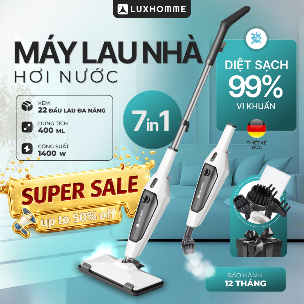Máy Lau Nhà Hơi Nước LUXHOMME EcoSteam Pro | Hơi Nước 120°C | Diệt Khuẩn 99.9% | 1400W | BH 12 TH
