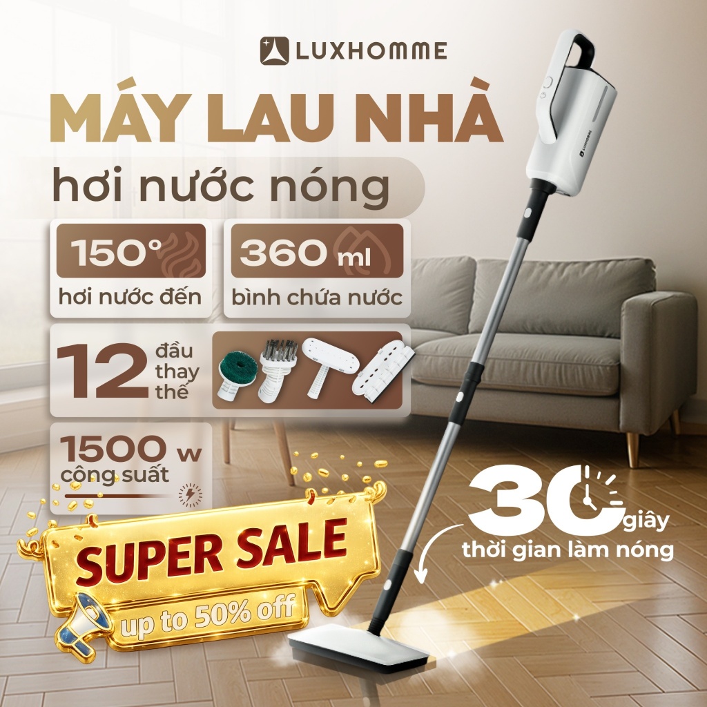 Máy Lau Nhà Hơi Nước Nóng LUXHOMME SC-100 Max | Làm Sạch Mọi Bề Mặt | 1500W - 360ml | BH 24TH