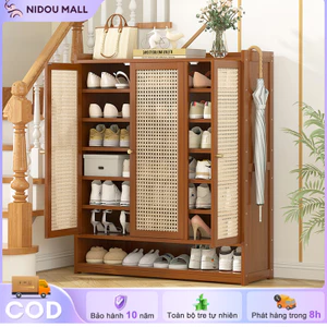 Tủ Giày Gỗ Tre Cửa Mây Đan Cao Cấp Thoáng Khí Chống Mốc Kệ Để Giày Nhiều Tầng Dày Dặn Chịu Lực Tốt