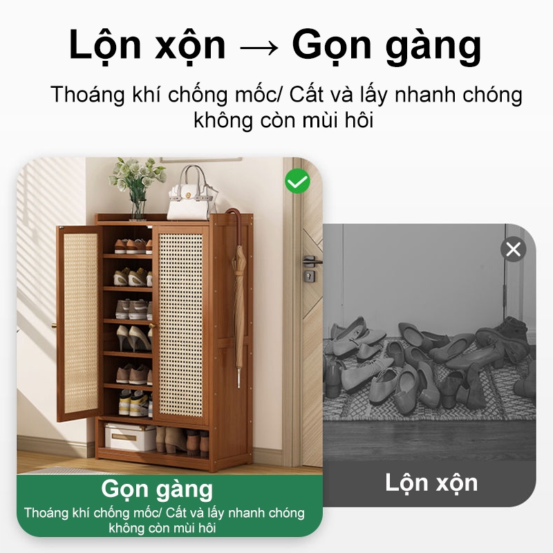 Tủ Giày Gỗ Tre Cửa Mây Đan Cao Cấp Thoáng Khí Chống Mốc Kệ Để Giày Nhiều Tầng Dày Dặn Chịu Lực Tốt
