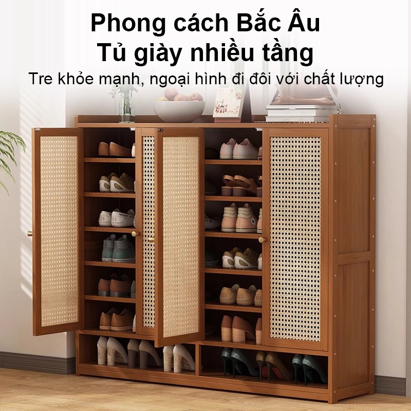 Tủ Giày Gỗ Tre Cửa Mây Đan Cao Cấp Thoáng Khí Chống Mốc Kệ Để Giày Nhiều Tầng Dày Dặn Chịu Lực Tốt