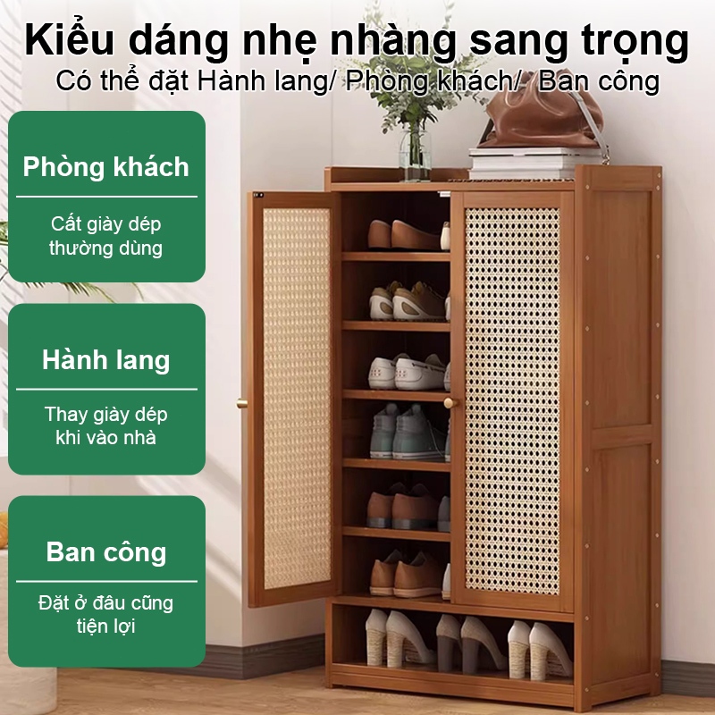 Tủ Giày Gỗ Tre Cửa Mây Đan Cao Cấp Thoáng Khí Chống Mốc Kệ Để Giày Nhiều Tầng Dày Dặn Chịu Lực Tốt