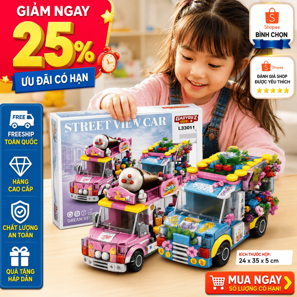 Bộ Lắp Ráp Xe Kem, Đồ Chơi Xếp Hình Xe Bán Kem Sáng Tạo, Quà Tặng Cho Bé, Đồ Chơi Cho Bé