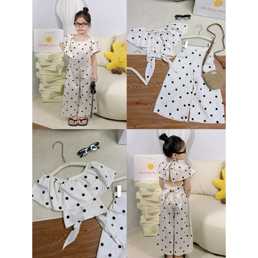 (sunny baby house - sẵn) set chấm bi dễ thương cho bé , mặc được nhiều kiểu tự điều chỉnh