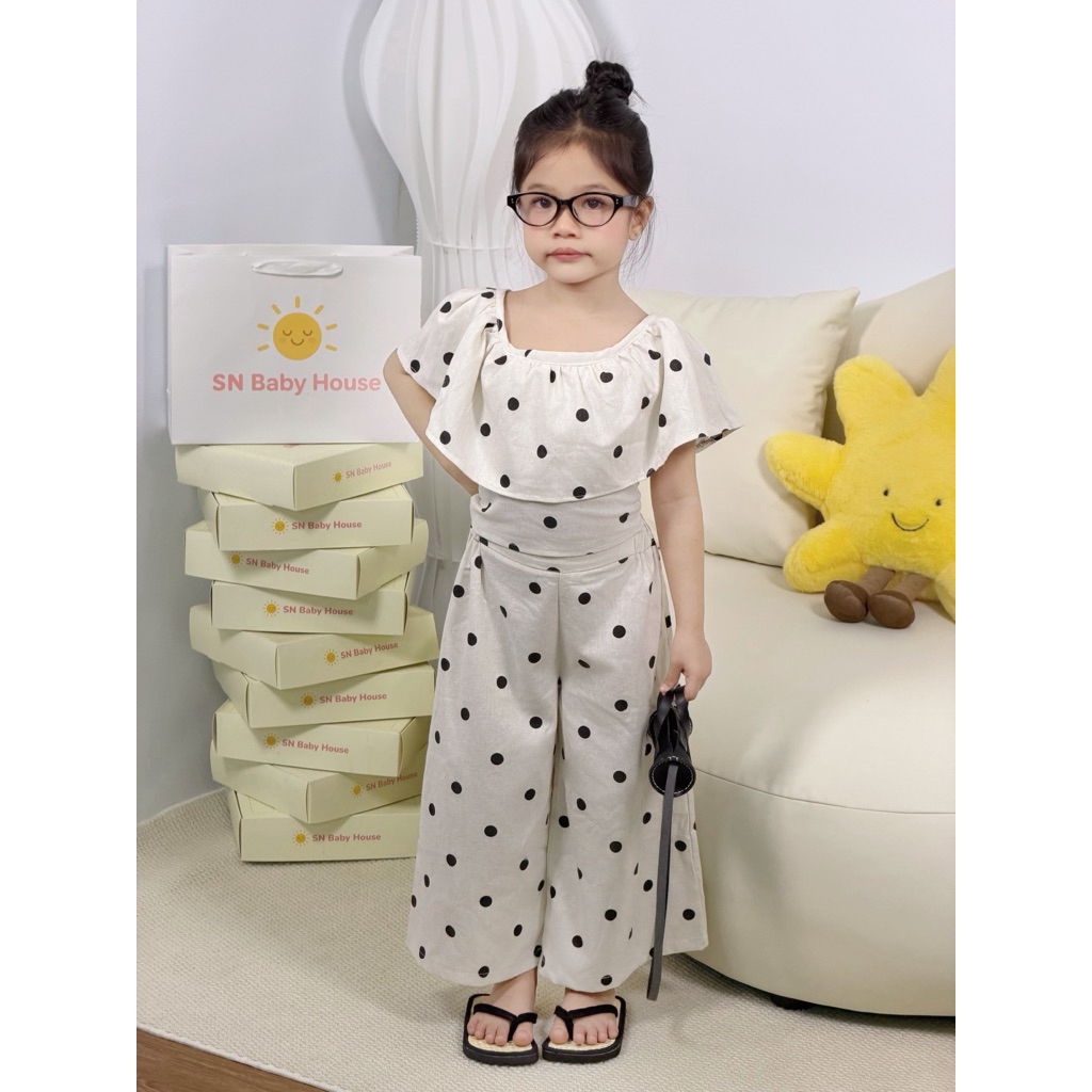 (sunny baby house - sẵn) set chấm bi dễ thương cho bé , mặc được nhiều kiểu tự điều chỉnh