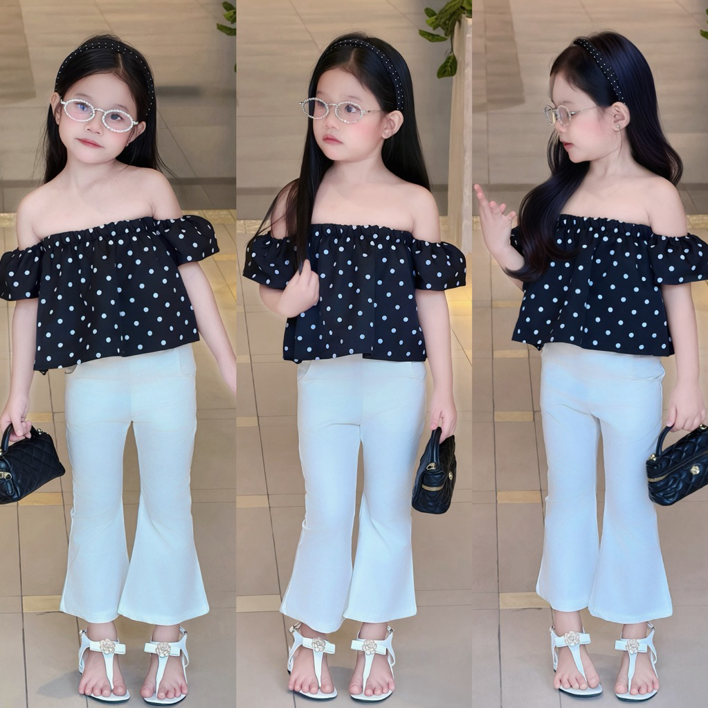 (sunny baby house - 2) set trễ vai chấm bi cho bé phối quần loe kaki đáng yêu
