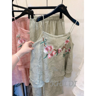 Sét áo hai dây lụa tơ tầm thêu hoa đào + quần xuông lụa