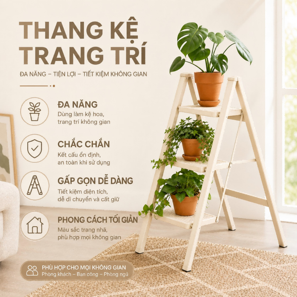 Thang Chữ A Gấp Gọn 2-5 Bậc Chất liệu thép carbon Ổn định không cần lắp đặt Có thể dùng làm giá treo hoa hoặc kệ để đồ
