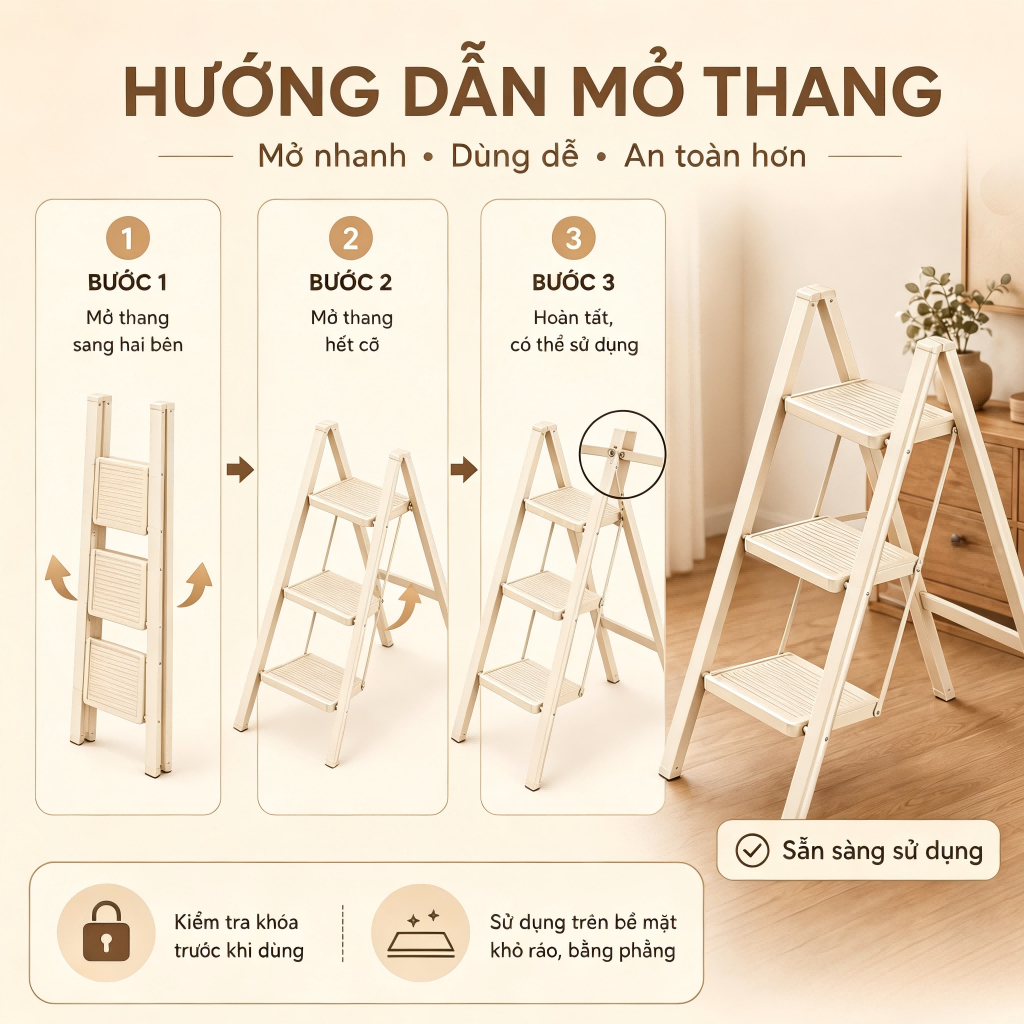 Thang Chữ A Gấp Gọn 2-5 Bậc Chất liệu thép carbon Ổn định không cần lắp đặt Có thể dùng làm giá treo hoa hoặc kệ để đồ