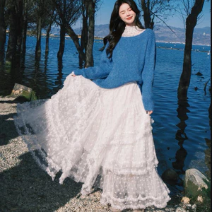 Chân váy ren trắng lưng chun hoa xếp tầng dáng dài thời trang cổ điển kiểu Pháp